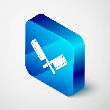 İzometrik Çapraz et doğrama simgesi beyaz arka plan üzerinde izole. Et için mutfak bıçağı. Kasap bıçağı. Mavi kare düğmesi. Vektör İllüstrasyonu