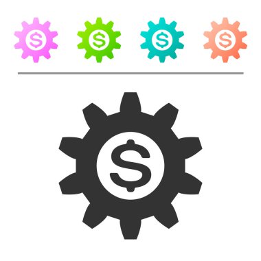 Beyaz arka planda izole edilmiş dolar sembolü simgesine sahip Gri Dişli. İş ve finans kavramsal simgesi. Simgeyi renk düğmelerinde ayarlayın. Vektör İllüstrasyonu