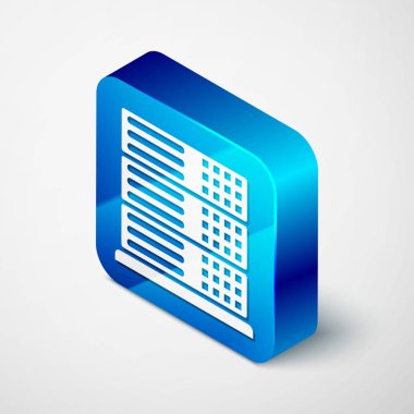 İzometrik sunucu, veri, beyaz arka planda yalıtılmış Web barındırma simgesi. Mavi kare düğmesi. Vektör Illustration