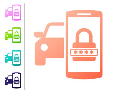 Coral Smart araba güvenlik sistemi simgesi beyaz arka plan üzerinde izole. Akıllı telefon kablosuz araç güvenliğini kontrol eder. Renk simgelerini ayarlayın. Vektör İllüstrasyonu