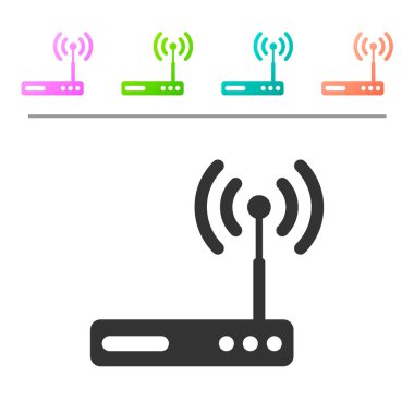 Gri Yönlendirici ve wi-fi sinyal sembolü simgesi beyaz arka planda yalıtılmış. Kablosuz ethernet modem yönlendirici. Bilgisayar teknolojisi internet. Simgeyi renk düğmelerinde ayarlayın. Vektör İllüstrasyonu