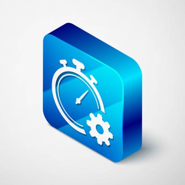 Beyaz arka planda yalıtılmış izometrik zaman yönetimi simgesi. Saat ve vites işareti. Verimlilik sembolü. Mavi kare düğmesi. Vektör Illustration