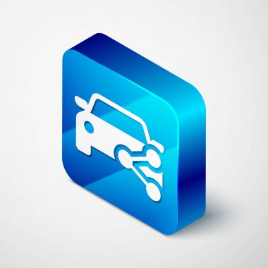 İzometrik Araç paylaşım simgesi beyaz arka planda yalıtılmış. Araba paylaşım işareti. Ulaşım kiralama hizmeti konsepti. Mavi kare düğmesi. Vektör İllüstrasyonu