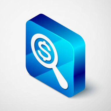 İzometrik Büyüteç ve beyaz arka plan üzerinde izole dolar simgesi. Para bul. Para arıyorum. Mavi kare düğmesi. Vektör İllüstrasyonu