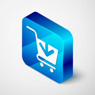 Beyaz arka planda yalıtılmış Alışveriş sepeti simgesine İzometrik Ekle. Online satın alma konsepti. Teslimat hizmeti işareti. Süpermarket sepeti sembolü. Mavi kare düğmesi. Vektör İllüstrasyonu