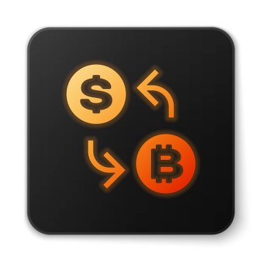 Turuncu parlayan Cryptocurrency döviz simgesi beyaz arka plan üzerinde izole. Bitcoin'den dolar bozdurma simgesine. Kripto para teknolojisi, mobil bankacılık. Siyah kare düğme. Vektör İllüstrasyonu