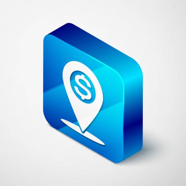 Beyaz arka planda yalıtılmış İzometrik Nakit konum pin simgesi. İşaretçi ve dolar sembolü. Para konum simgesi. İş ve yatırım konsepti. Mavi kare düğmesi. Vektör İllüstrasyonu