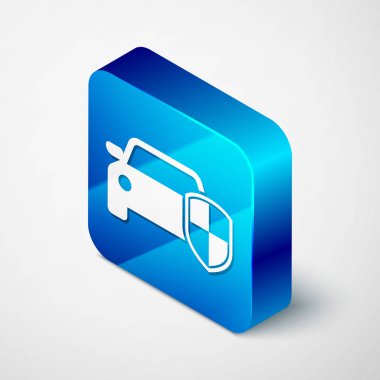 Beyaz arka planda yalıtılmış izometrik araç koruma veya sigorta simgesi. Araba koruma kalkanı koruyun. Emniyet rozeti araç simgesi. Güvenlik otomatik etiketi. Mavi kare düğmesi. Vektör Illustration