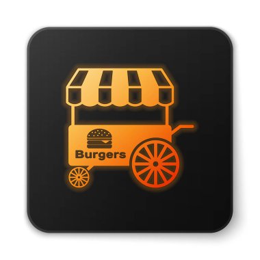 Turuncu parlayan Fast street gıda sepeti beyaz arka plan üzerinde izole tente simgesi ile. Burger veya hamburger simgesi. Şehir köşkü. Siyah kare düğme. Vektör İllüstrasyonu