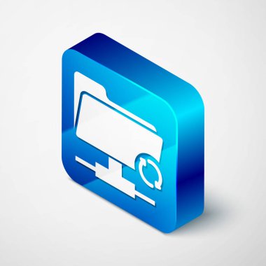 Beyaz arka planda yalıtılmış İzometrik Ftp eşitleme simgesi. Yazılım güncelleştirme, transfer protokolü, yönlendirici, takım çalışması araç yönetimi, kopyalama süreci kavramı. Mavi kare düğmesi. Vektör İllüstrasyonu