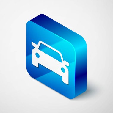 Beyaz arka planda izole edilmiş İzometrik Araç simgesi. Mavi kare düğmesi. Vektör İllüstrasyonu