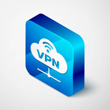 Beyaz arka planda yalıtılmış Izometrik Vpn Ağı bulut bağlantı simgesi. Sosyal teknoloji. Bulut bilgi işlem konsepti. Mavi kare düğmesi. Vektör İllüstrasyonu