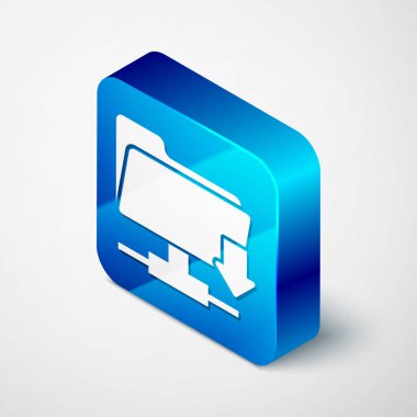İzometrik Ftp klasör indirme simgesi beyaz arka planda yalıtılmış. Yazılım güncelleştirme, transfer protokolü, yönlendirici, takım çalışması araç yönetimi, kopyalama süreci kavramı. Mavi kare düğmesi. Vektör İllüstrasyonu