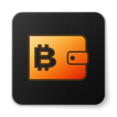 Turuncu parlayan cryptocurrency cüzdan simgesi beyaz arka planda izole. Cüzdan ve Bitcoin işareti. Madencilik konsepti. Para, ödeme, nakit, ödeme simgesi. Siyah kare düğmesi. Vektör Illustration