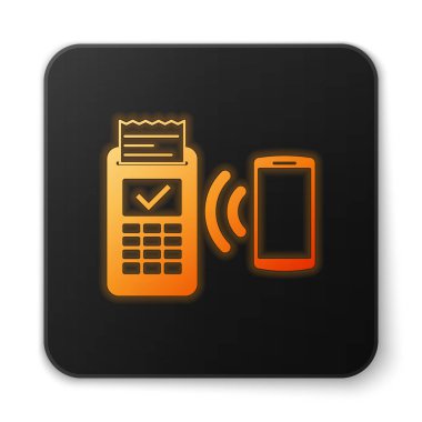 Basılı reciept ile Turuncu parlayan Pos terminali ve beyaz arka plan üzerinde izole akıllı telefon simgesi ile ödeme onaylar. Nfc ödeme konsepti. Siyah kare düğme. Vektör İllüstrasyonu