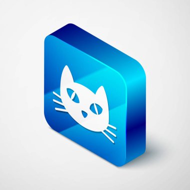 Beyaz arka planda yalıtılmış İzometrik Kedi simgesi. Mavi kare düğmesi. Vektör İllüstrasyonu