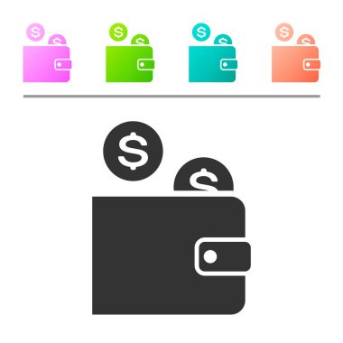 Beyaz arka planda izole edilmiş bozuk para simgesine sahip Gri Cüzdan. Para Cüzdanı. Sikke dolar sembolü. Simgeyi renk düğmelerinde ayarlayın. Vektör İllüstrasyonu