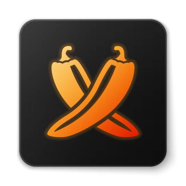 Turuncu parlayan Beyaz arka plan üzerinde izole çapraz acı biber pod simgesi. Bakkal, mutfak ürünleri, baharat ve baharat paketi için tasarım. Siyah kare düğme. Vektör İllüstrasyonu