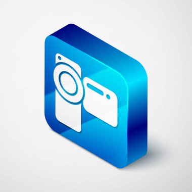 Isometric Cinema kamera simgesi beyaz arkaplanda izole edildi. Video kamera. Film tabelası. Film projektörü. Mavi kare düğme. Vektör İllüstrasyonu