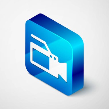 Isometric Cinema kamera simgesi beyaz arkaplanda izole edildi. Video kamera. Film tabelası. Film projektörü. Mavi kare düğme. Vektör İllüstrasyonu