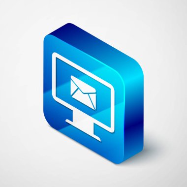 İzometrik Bilgisayar monitörü ve zarfı, yeni ileti, posta, beyaz arka planda izole edilmiş e-posta simgesi. E-posta bültenleri, üstbilgi, blog gönderileri için kullanım. Mavi kare düğmesi. Vektör İllüstrasyonu