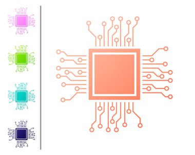 Beyaz arka planda yalıtılmış Mercan İşlemci simgesi. İşlemci, merkezi işlem birimi, mikroçip, mikrodevre, bilgisayar işlemcisi, çip. Renk simgelerini ayarlayın. Vektör İllüstrasyonu