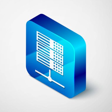 İzometrik sunucu, veri, beyaz arka planda yalıtılmış Web barındırma simgesi. Mavi kare düğmesi. Vektör Illustration