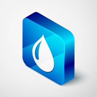 İzometrik su damlası simgesi beyaz arkaplanda izole edildi. Mavi kare düğme. Vektör İllüstrasyonu