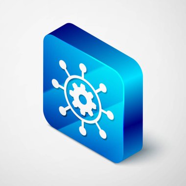 Beyaz arka planda yalıtılmış İzometrik Proje yönetimi simgesi. Hub ve kollu ve dişli katı simgesi. Mavi kare düğmesi. Vektör İllüstrasyonu