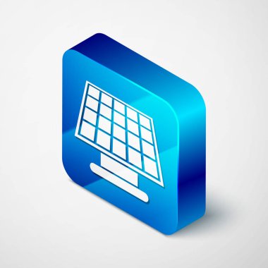 İzometrik Güneş enerjisi paneli simgesi beyaz arka plan üzerinde izole. Mavi kare düğmesi. Vektör İllüstrasyonu
