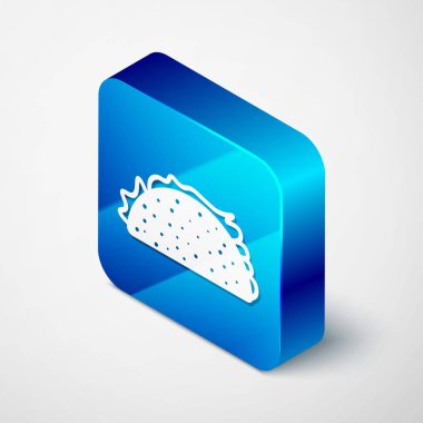 Beyaz arka planda izole tortilla simgesi ile İzometrik Taco. Geleneksel Meksika fast food'u. Mavi kare düğmesi. Vektör İllüstrasyonu