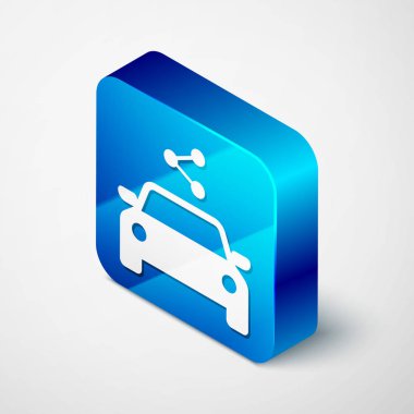 İzometrik Araç paylaşım simgesi beyaz arka planda yalıtılmış. Araba paylaşım işareti. Ulaşım kiralama hizmeti konsepti. Mavi kare düğmesi. Vektör İllüstrasyonu