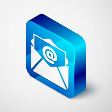 Beyaz arka planda yalıtılmış İzometrik Posta ve e-posta simgesi. Zarf sembolü e-posta. E-posta ileti işareti. Mavi kare düğmesi. Vektör İllüstrasyonu