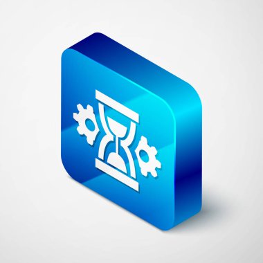 Beyaz arka planda yalıtılmış izometrik kum saati ve dişli simgesi. Zaman yönetimi sembolü. Saat ve vites simgesi. Verimlilik sembolü. Mavi kare düğmesi. Vektör Illustration