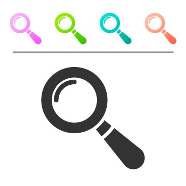 Gri Büyüteç simgesi beyaz arka plan üzerinde izole. Arama, odak, yakınlaştırma, iş sembolü. Simgeyi renk düğmelerinde ayarlayın. Vektör İllüstrasyonu