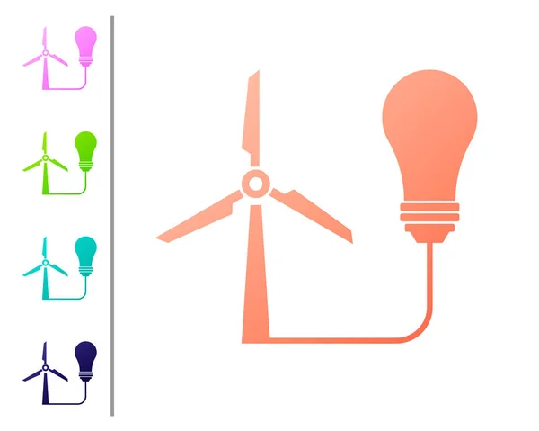 Coral Lâmpada com turbina eólica como ideia de eco amigável fonte de ícone de energia isolado no fundo branco. Conceito de energia alternativa. Definir ícones de cor. Ilustração vetorial — Vetor de Stock