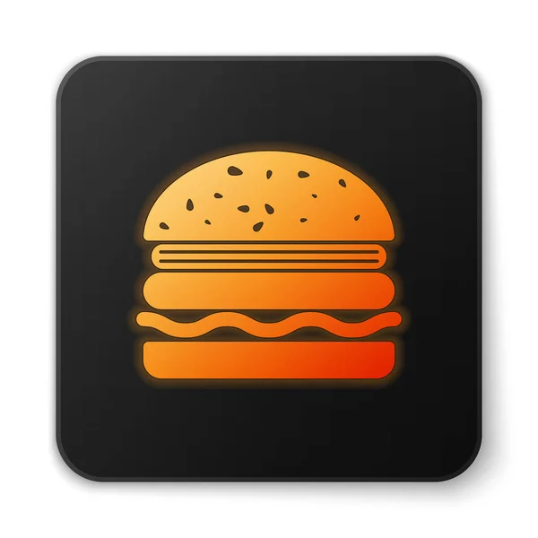 Orange glowing Burger icon isolated on white background. Hamburger icon. Cheeseburger sandwich sign. Black square button. Vector Illustration — Stock Vector