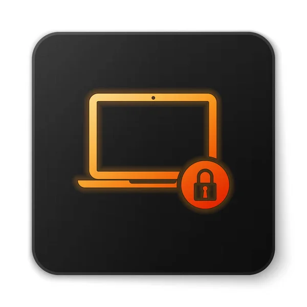 Oranžová ikona notebooku a zámku je izolována na bílém pozadí. Počítač a visovací zámek. Bezpečnost, bezpečnost, koncepce ochrany. Bezpečné propojení sítí. Černé čtvercové tlačítko. Vektorová ilustrace — Stockový vektor
