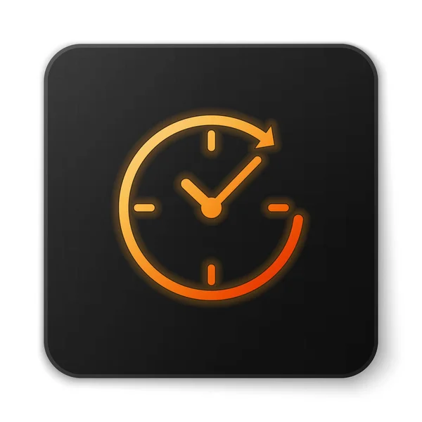 Oranje gloeiende klok met pijlpictogram geïsoleerd op witte achtergrond. Tijd symbool. Rechtsom rotatiepictogram pijl en tijd. Plat ontwerp. Zwarte vierkante knop. Vector illustratie — Stockvector
