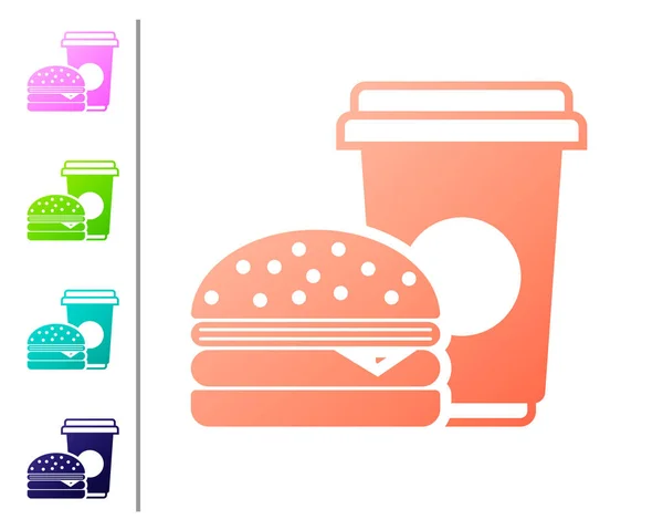 Coral Coffee and burger icon isolated on white background. Fast food symbol. Set color icons. Vector Illustration — Stock Vector