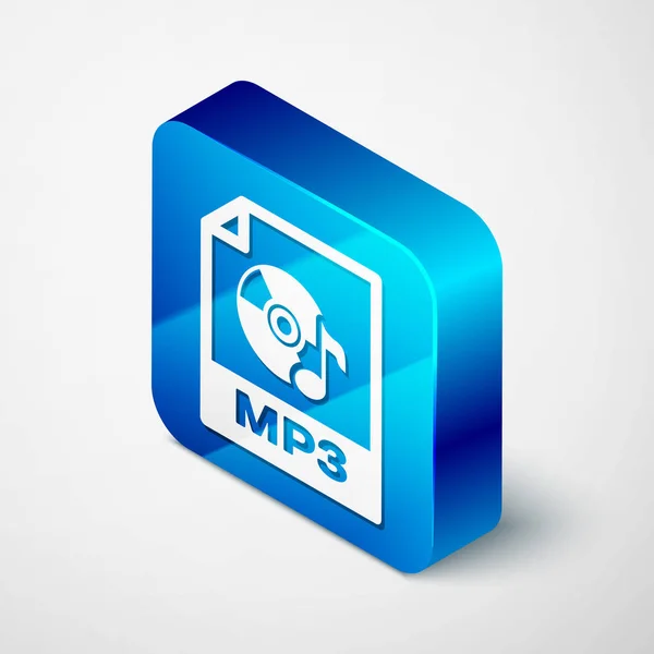 Isometric MP3 file document icon. Download mp3 button icon isolated on white background. Mp3 music format sign. MP3 file symbol. Blue square button. Vector Illustration — Stock Vector