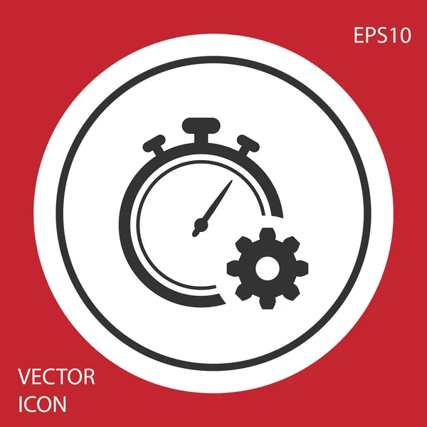 Icono de gestión del tiempo gris aislado sobre fondo rojo. Señal de reloj y engranaje. Símbolo de productividad. Botón círculo blanco. Ilustración vectorial — Vector de stock