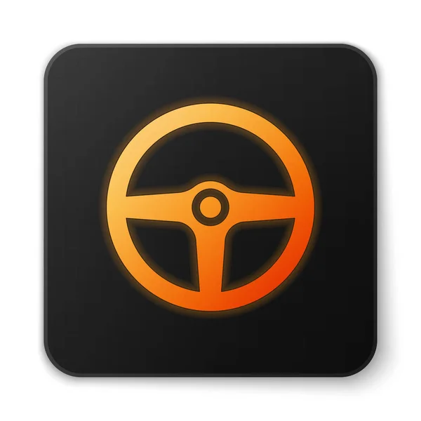 Icono naranja brillante del volante aislado sobre fondo blanco. Icono de rueda de coche. Botón cuadrado negro. Ilustración vectorial — Vector de stock