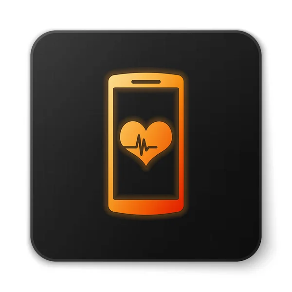 Orange glödande smartphone med hjärtfrekvens Monitor funktion ikon isolerad på vit bakgrund. Svart fyrkantig knapp. Vektor illustration — Stock vektor