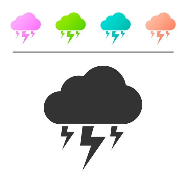 Šedá bouře, ikona izolace na bílém pozadí. Mraky a blesk. Meteorologická ikona bouře. Nastavit ikonu v barevných tlačítkách. Vektorová ilustrace — Stockový vektor