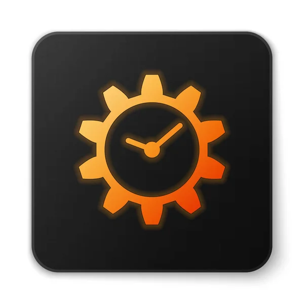 Ícone de gerenciamento de tempo laranja brilhante isolado no fundo branco. Relógio e sinal de marcha. Design plano. Botão quadrado preto. Ilustração vetorial — Vetor de Stock
