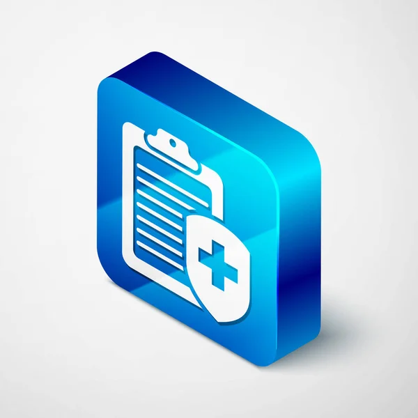 Ισομετρικό πρόχειρο με εικονίδιο ιατρικής ασφάλισης απομονωμένο σε λευκό φόντο. Προστασία ασθενούς. Πρόχειρο και ασπίδα με σταυρό ως ασφάλεια συμβόλων. Μπλε τετράγωνο κουμπί. Απεικόνιση διανυσματικών φορέων — Διανυσματικό Αρχείο