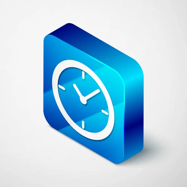 Icono del reloj isométrico aislado sobre fondo blanco. Botón cuadrado azul. Ilustración vectorial — Vector de stock