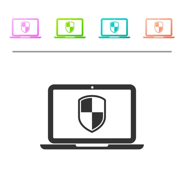Γκρι laptop προστατεύεται με το εικονίδιο σύμβολο ασπίδα απομονώνεται σε λευκό φόντο. Έννοια της ασφάλειας στο διαδίκτυο. Ασφάλεια υπολογιστή, τεχνολογία τείχους προστασίας, ασφάλεια απορρήτου. Ορισμός εικονιδίου σε έγχρωμα κουμπιά. Απεικόνιση διανυσματικών φορέων — Διανυσματικό Αρχείο