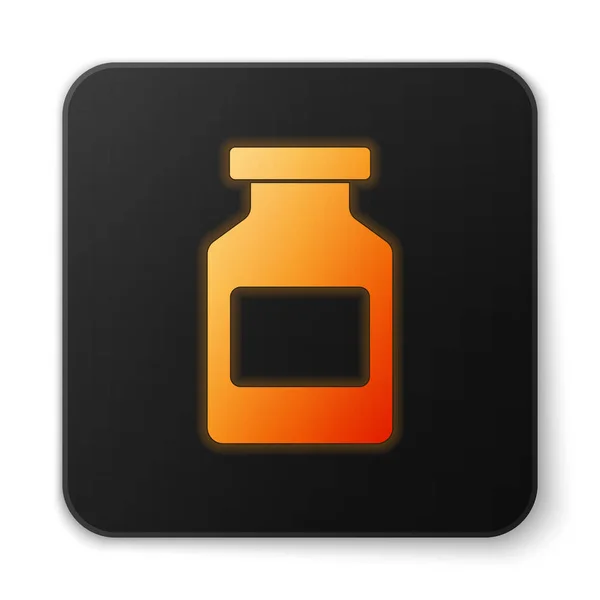 Icono de la botella de medicina brillante naranja aislado sobre fondo blanco. Signo de la píldora. Diseño de farmacia. Botón cuadrado negro. Ilustración vectorial — Archivo Imágenes Vectoriales